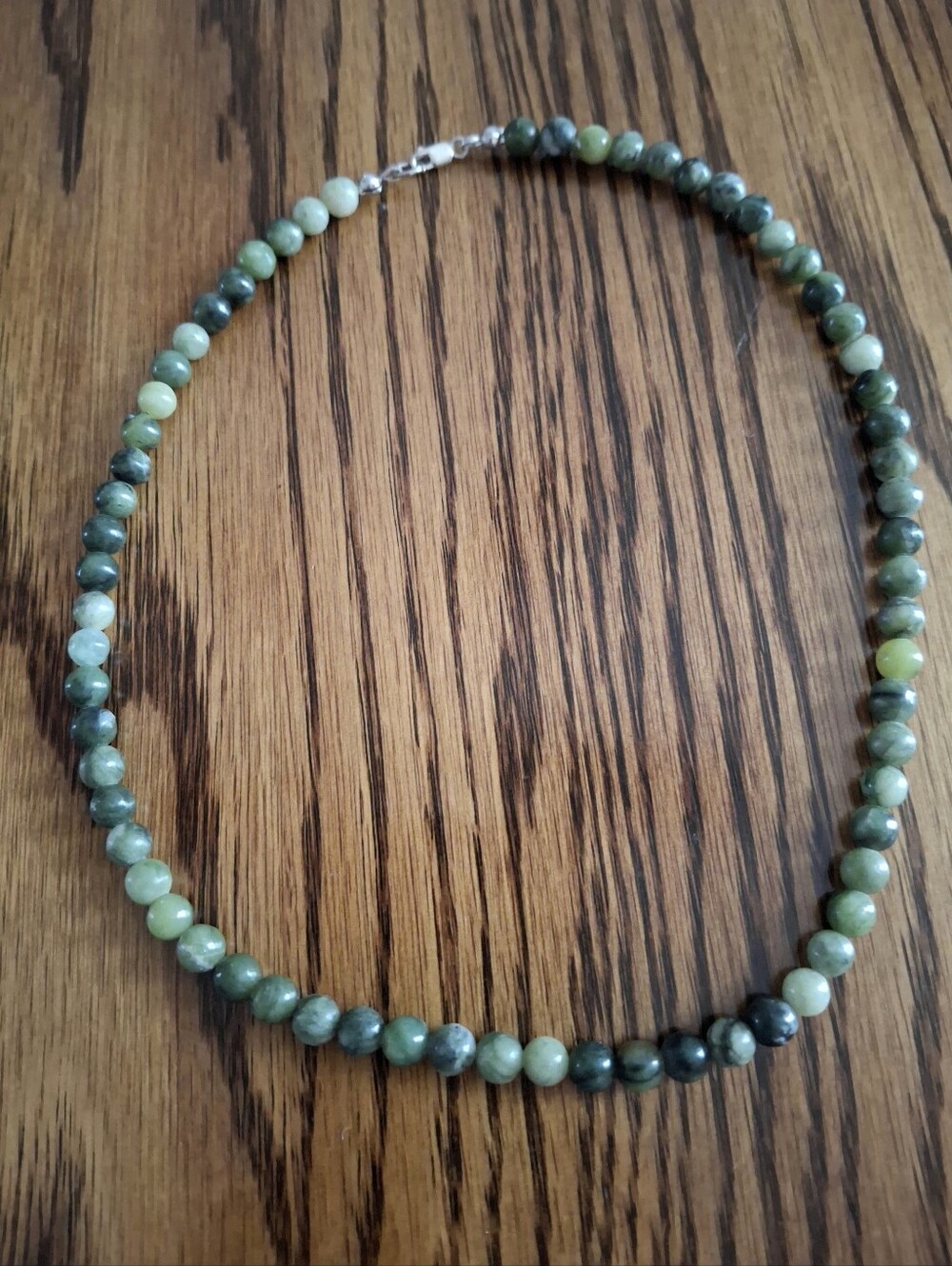 Jade Natural Stone Beaded Necklace 16" Sterling Silver Hardware